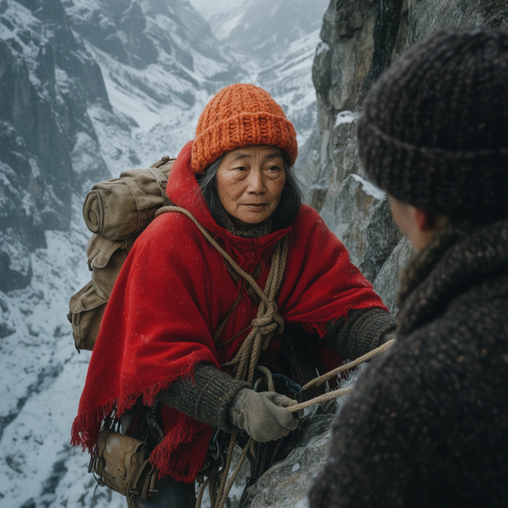Older Asian woman climber with weathered features, wearing a bright red poncho and chunky orange beanie, vintage 1920s canvas gear and hemp ropes, hanging on a rocky cliff, over-the-shoulder view past a climber in dark wool, snowy mountain gorge below, cinematic winter lighting, sharp focus on main subject, muted background