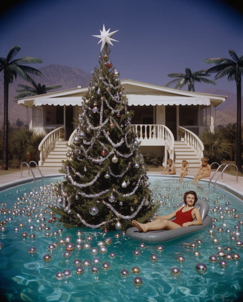 A decorated Christmas tree with a white star topper and draped silver garlands stands directly inside a bright turquoise swimming pool. A woman in a red swimsuit floats on a grey inflatable raft beside the tree, surrounded by hundreds of shiny metallic ornaments drifting across the rippling water. In the background, children sit on the pool edge near curved stairs leading to a white house with a scalloped awning. The sunny vintage scene features artificial palm trees, distant hazy mountains, and a deep blue sky with subtle corner vignetting.
