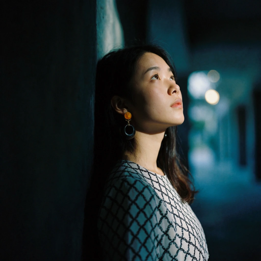 A cinematic portrait of a contemplative young woman leaning against a dark wall, gazing upward into a soft, directional light. She features long dark hair, a white top patterned with a black geometric lattice, and large dangling earrings with an amber stud and dark lower hoop. Her face is sharply illuminated, establishing a striking chiaroscuro effect against the deep shadows consuming the left half of the frame. The background is steeped in cool teal and navy tones, captured with a shallow depth of field that softens distant architectural shapes and a single glowing bokeh sphere. The composition embraces a 35mm film photography aesthetic with subtle grain, rich contrast, and a moody, atmospheric ambiance.