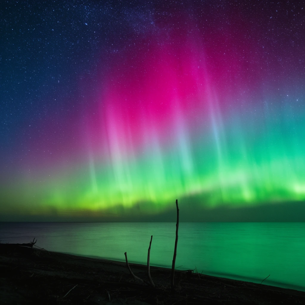 A vibrant Aurora Borealis illuminates a starry night sky above a calm expanse of water. The luminous atmospheric display transitions from deep navy and intense magenta to a sweeping horizontal band of neon green near the horizon. The smooth water mirrors the ethereal green glow. A dark silhouetted shoreline in the foreground features a few thin, upright pieces of driftwood. Long-exposure night photography emphasizes the dramatic, glowing color gradients.