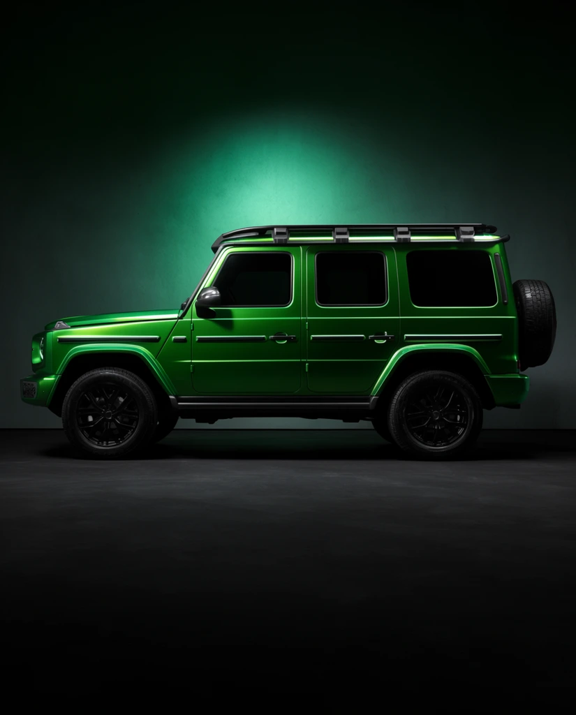 A vibrant metallic green, box-shaped luxury off-road SUV sits in strict profile against a moody studio backdrop. The vehicle features heavily tinted windows, black alloy wheels, a rugged roof rack, and a rear-mounted spare tire. Resting on a smooth, dark floor, the lower chassis is obscured by deep, low-key shadows. A precise spotlight creates a luminous emerald halo on the wall behind the cabin, highlighting the sharp, angular body lines and highly reflective paint through sleek, high-contrast automotive photography.