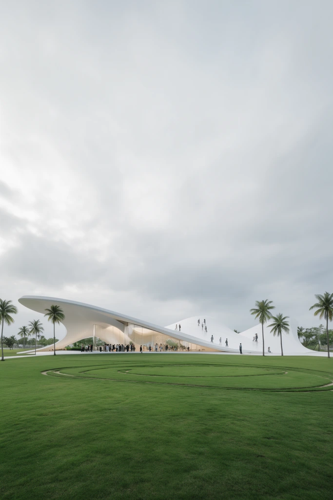 A futuristic, undulating white pavilion stretches across a vibrant green landscape under a vast overcast sky. The continuous, sweeping canopy peaks and dips like a wave, supported by transparent glass walls revealing an illuminated interior. Small figures gather beneath the overhangs and walk directly onto the sloping roof. Slender palm trees surround the building. The foreground features a manicured lawn with subtle circular pathways. The wide panoramic perspective and soft, diffused lighting emphasize a minimalist palette of bright greens, stark whites, and muted greys.