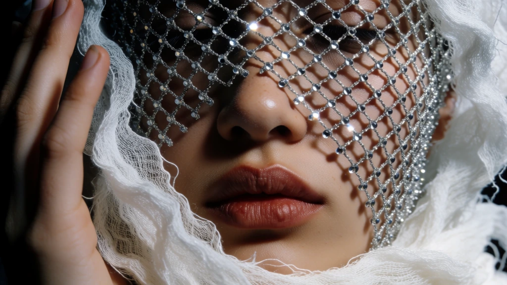 A dramatic ultra-close fashion portrait shows the lower half of a person’s face and one hand, partially hidden behind a glittering silver mesh veil and wrapped in soft white gauze, creating an image that feels luxurious, mysterious, and sculptural. studio fashion photography, hyperreal close-up portrait, editorial beauty shot, high-end couture, tactile textile study, glamorous, enigmatic, intimate, refined, minimalist composition, high detail, metallic shimmer, soft skin texture, contemporary luxury, visually adjacent to Nick Knight, Sølve Sundsbø, Peter Lindbergh beauty work, and some avant-garde styling akin to Tim Walker’s fashion restraint, neutral and metallic palette, silver, white, warm brown skin, black background, controlled exposure, high contrast, crisp focus on jewelry and lips, shallow-to-moderate depth of field, soft directional studio lighting from upper left, no obvious motion blur, no visible noise, no lens distortion, no text, no watermark. Centered in the frame is the person’s nose and closed, full lips, rendered with exquisite skin detail and a satin sheen. Their eyes are fully covered by a draped silver net made of diamond-shaped openings and densely encrusted reflective beads or crystals; the veil stretches from the upper left across the entire eye area and slopes downward to a pointed edge near the lower right of the face. Along the far left side and wrapping around the head is a white gauzy fabric, like loosely woven tulle or bandage cloth, framing the face and continuing down along the right cheek and neck area. On the left half of the image, the person’s hand is raised vertically against the cheek, with three fingers visible. The fingertips rest beside the veil, lightly touching the face. The fingers wear multiple silver rings: a large ornate, stone-like cluster ring on the middle finger, slimmer stacked bands on the ring finger, and additional geometric rings lower on the hand near the bottom left edge. The hand itself is partly wrapped in the same white mesh fabric, especially across the knuckles and lower palm. The background is completely black, making the silver lattice, pale wrap, and warm skin tones stand out with striking contrast.