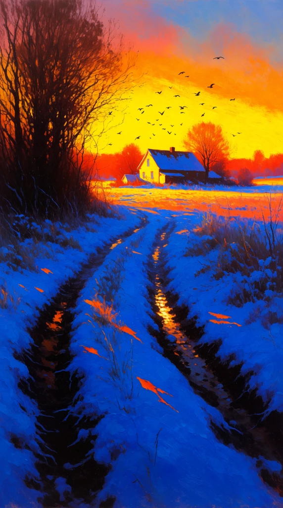 A striking winter landscape painting features a snow-covered, rutted path leading toward a glowing farmhouse under an intensely vibrant sunset. Deep muddy tracks carve through brilliant cobalt blue snow in the foreground, catching sharp golden-orange light reflections. To the left, dark silhouettes of bare, densely branched trees stand against the warm sky. A yellow-lit house rests in the midground beneath scattered black silhouettes of birds in flight. The highly saturated color palette creates a dramatic contrast between the cold indigo shadows of the frozen ground and the blinding lemon-yellow to fiery orange gradient of the horizon. Textured, impressionistic brushstrokes highlight the tactile mud and frosted grass.