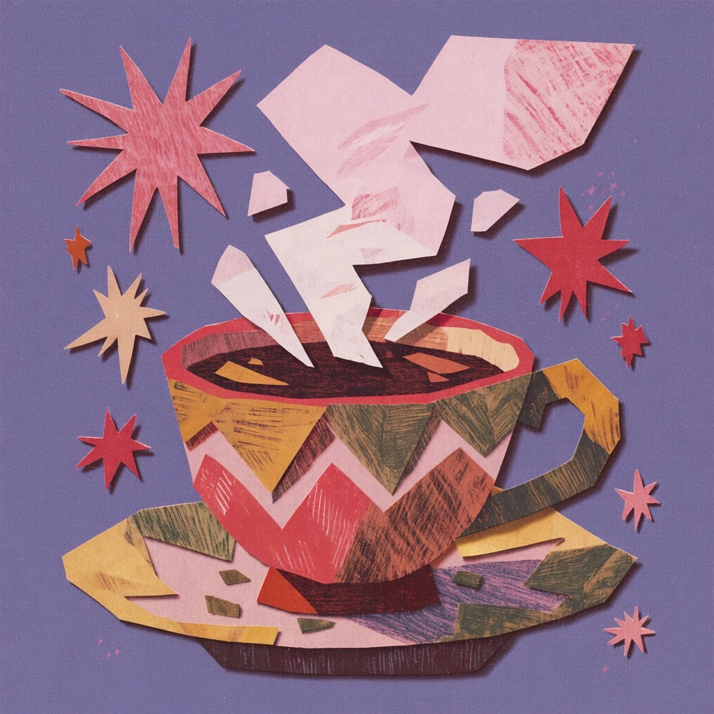 whimsical paper cutout collage of a ceramic teacup filled with dark coffee, stylized jagged steam rising in pale pink clouds, hand-crafted folk art aesthetic, grainy paper texture with cross-hatched pencil marks, sharp geometric cut edges, muted lavender backdrop, coral red and terracotta cup body, mustard yellow and olive green accents, layered composition with floating graphic star shapes, flat but textured depth, warm earthy tones, stippled wood-block print details, nostalgic mood.