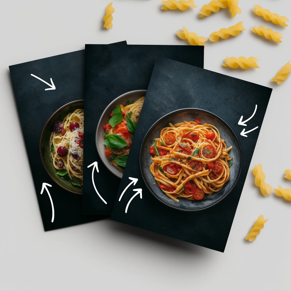 Three fanned dark flyers on a gray surface, circular photos of vibrant pasta dishes, white hand-drawn arrow graphics, scattered dry yellow pasta pieces, soft drop shadows, flat lay design mockup