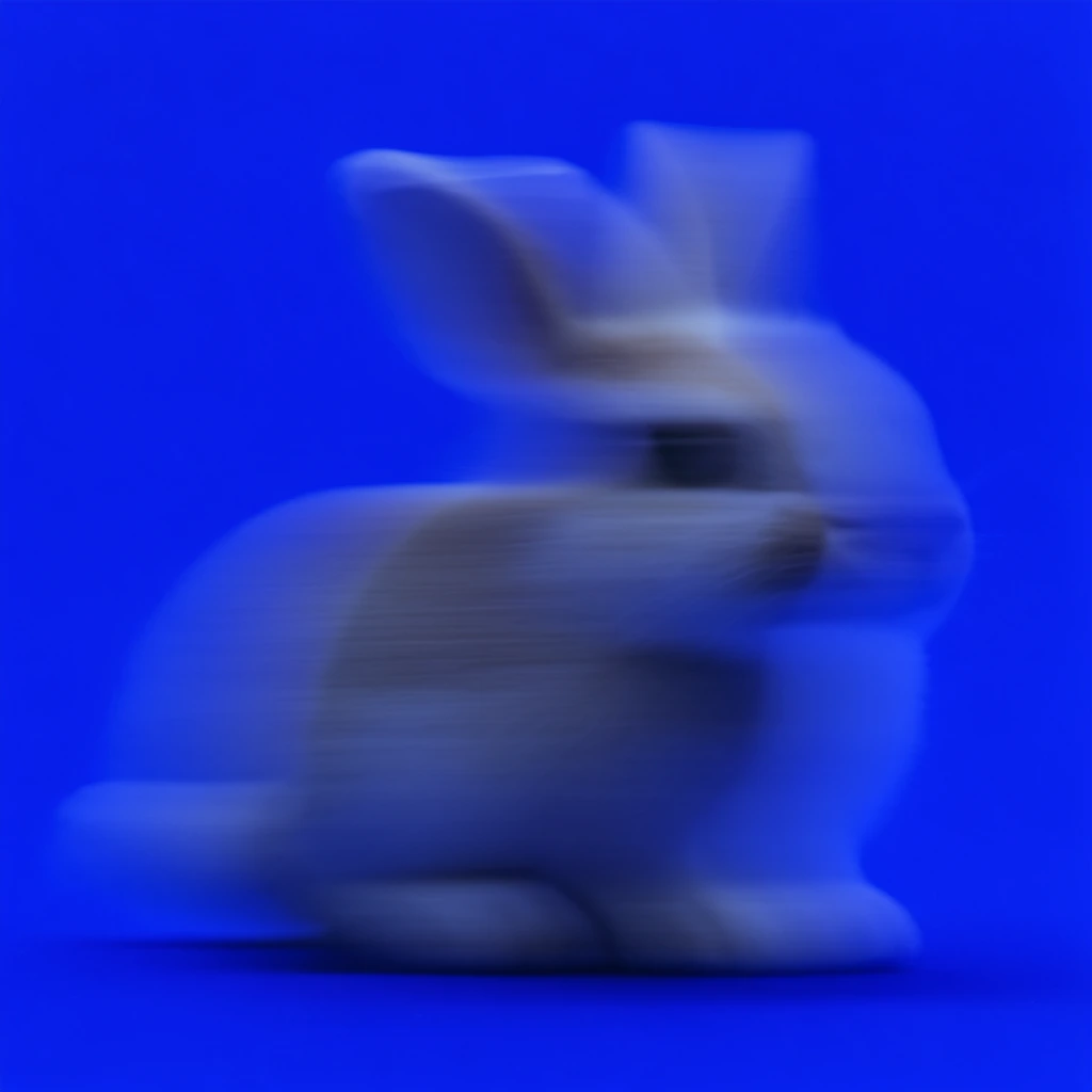 An angry rabbit figure with two ears captured with severe horizontal motion blur against a seamless, highly saturated cobalt blue background. The extreme long-exposure photographic effect smears the visual details of the rabbit, generating a semi-translucent, ghosted silhouette with soft, trailing edges that stretch laterally across the frame. A minimalist composition isolates the heavily blurred figure within a flatly lit, stark cerulean environment. Diffused lighting highlights the smooth, sweeping gradients of the stretched form, merging the outer edges of the rabbit into the intense, solid blue negative space.