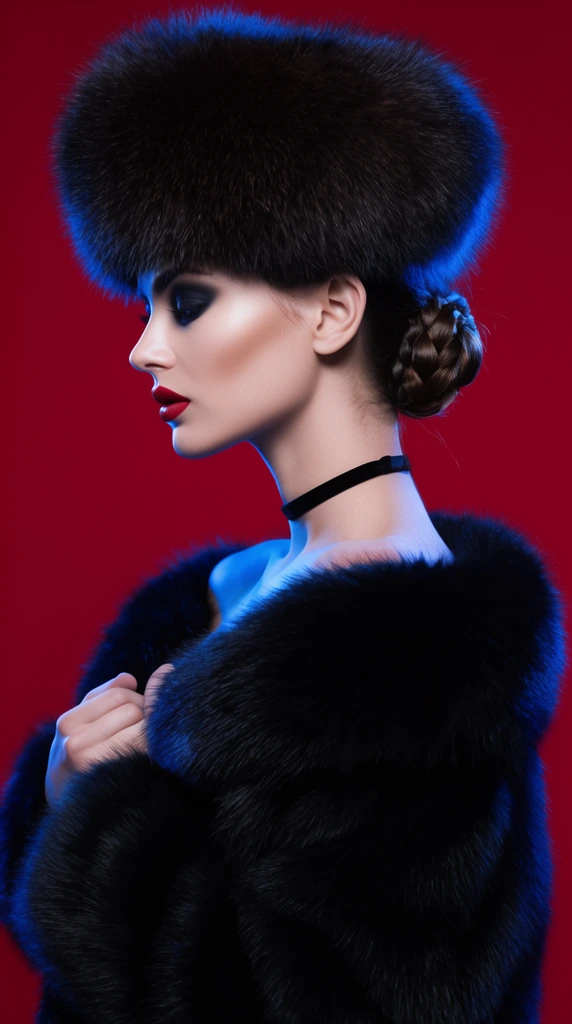 A profile portrait of a woman against a solid crimson background, illuminated by striking blue rim lighting. She wears an oversized dark fur hat and a thick black fur coat clutched tightly to her chest. Her elegant styling includes heavy dark eyeshadow, red lipstick, a neat braided bun, and a thin black choker. The dramatic studio lighting emphasizes her sculpted facial features and the lush texture of the fur, yielding a bold, high-contrast fashion editorial aesthetic.