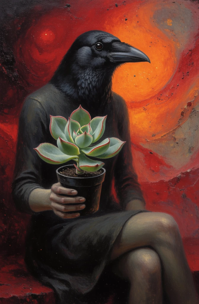 humanoid figure with the head of a crow holding a potted succulent plant, captured in a distorted glitch-art style, dominated by high-contrast crimson, fiery orange, and sulfur yellow, featuring heavy vertical motion blur, visceral digital noise, hyper-saturated hues, dark smeared silhouettes, layered surrealist composition, long exposure light trails, grainy texture, and extreme post-processing reminiscent of molten light and raw digital interference.