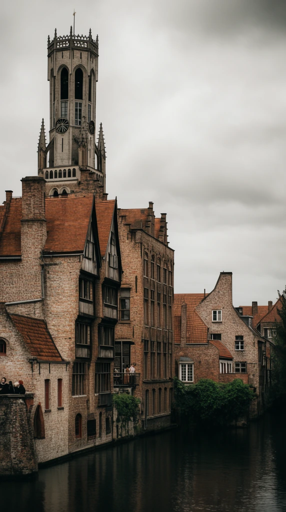Historic European canal, dark water reflecting medieval brick buildings, tall gothic bell tower dominating the left skyline, pitched terracotta roofs, stepped gables, overcast sky, small balcony with figures, ivy on weathered walls, moody architectural photography, muted earthy palette