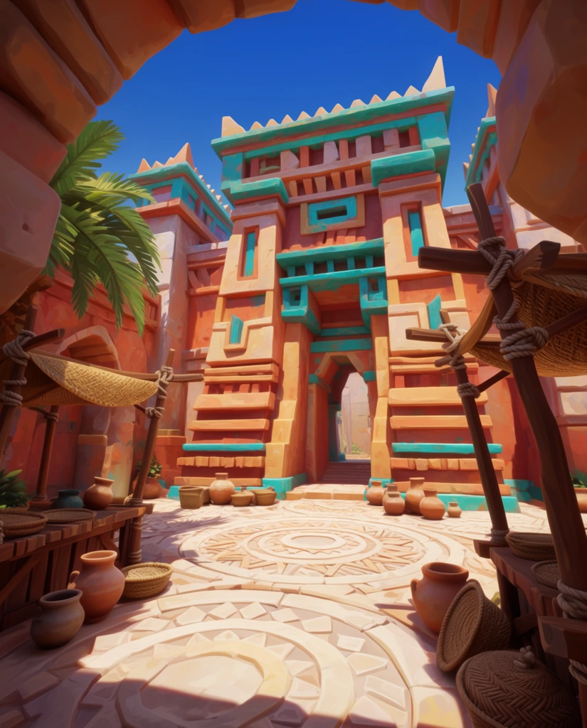 stylized 3D ancient temple courtyard, warm terracotta and sandstone architecture, geometric stepped walls with vibrant turquoise accents, wooden market stalls lashed with rope, woven palm awnings, scattered clay pots and woven baskets, intricate circular stone paving, bright midday sunlight, sharp dark shadows, clear blue sky framed by a stone archway, wide perspective, highly saturated color palette, smooth beveled edges, painterly textures