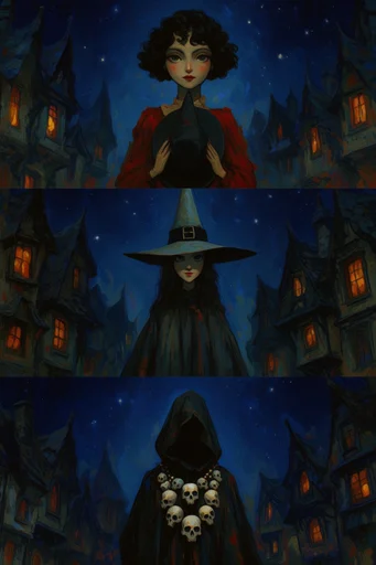 Nocturnal Storybook Surrealism style reference image — expressive hatch shading