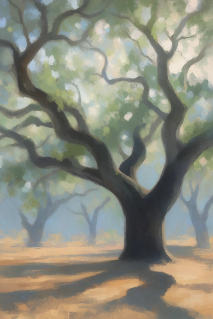 A massive, twisting oak tree dominates a sunlit, hazy grove rendered in a soft, impressionistic painting style. The thick, dark charcoal-brown trunk anchors the lower right foreground, branching outward into thick, sinuous limbs that reach across the upper frame. The canopy features loose, dappled brushstrokes of sage green, pale blue, and warm white, creating an ethereal, diffused light effect. Fainter silhouettes of similar trees fade into a dusty blue haze in the background. The ground consists of warm ochre and tan earth tones intersected by deep, cool shadows cast by the main tree, painted with a textured, painterly technique that blends muted colors into a harmonious landscape.