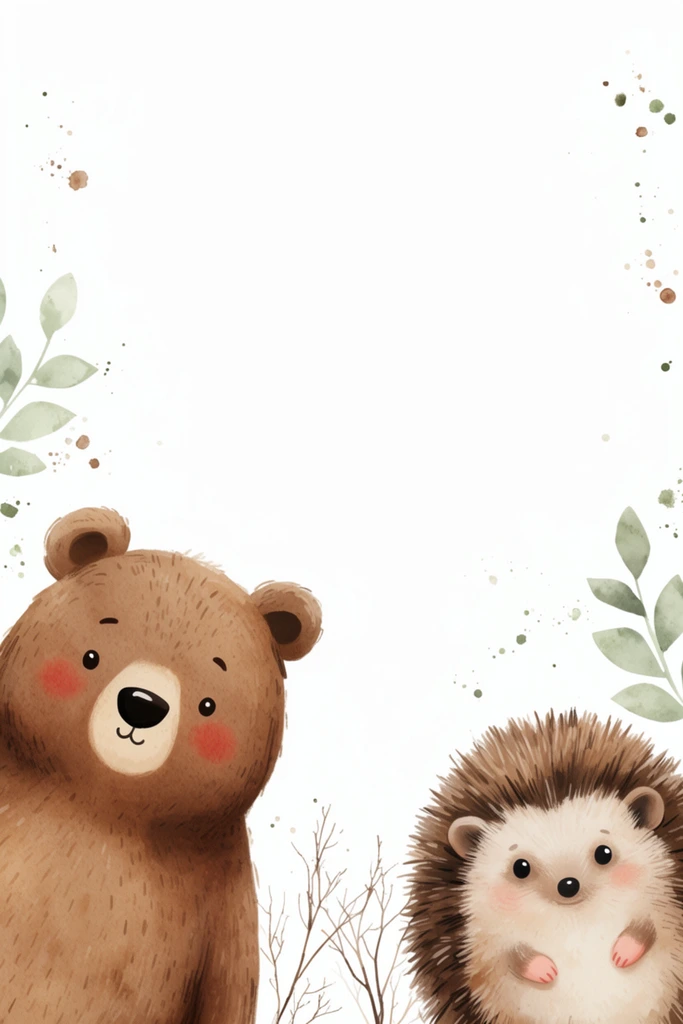 cute cartoon brown bear on the bottom left, round hedgehog on the bottom right, bear with textured brown fur and rosy red cheeks, hedgehog with spiky brown back and pale face and tiny pink paws, solid white background, scattered muted green leaves, delicate bare brown twigs at bottom center, tiny earthy brown and green watercolor splatters, children's book digital illustration, soft pastel textures, warm earthy color palette, whimsical layout, wide horizontal framing