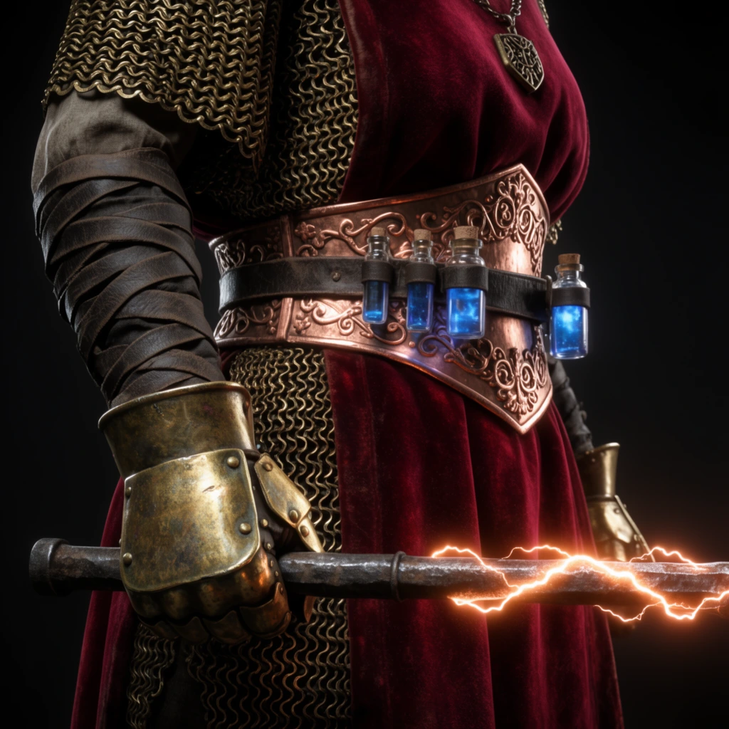 A tight close-up focuses on the torso and arm of a warrior clad in a deep crimson velvet tabard layered over interlocking brass scale mail. The figure wears tightly wrapped dark leather bandages down the arm ending in heavy oxidized brass gauntlets. A wide copper corset-style belt embellished with intricate filigree wraps the waist, holding small glass vials of glowing blue liquid. The gauntleted hand tightly grips a weathered iron baton emitting a fierce crackling orange electric arc that casts a bright warm glow. Swallowed by a pitch black background, the cinematic composition uses dramatic high-contrast rim lighting to emphasize the ultra-realistic textures of the heavy fabric, scratched metal, and worn leather.