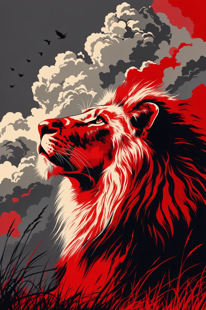 Graphic vector illustration of a lion in profile looking upwards, utilizing a bold tri-color palette of cream, crimson, and dark grey. High-contrast, color-blocked shadows define the mane against dramatic billowing clouds, flying bird silhouettes, and foreground grass in a striking poster style.