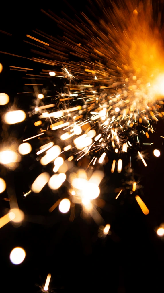 brilliant shower of incandescent sparks exploding against a pitch-black background, intense glowing white and gold orbs, sharp orange motion-blur streaks radiating from a fiery light source at the upper right, high-speed macro photography, stark chiaroscuro, energetic abstract composition