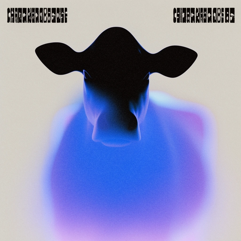 A centralized sculpture of a cow's head and upper body rendered as a high-contrast graphic silhouette against a plain, off-white background. The top section of the sculpted cow's head forms a stark, opaque black shape with crisp boundaries, descending smoothly into a luminous, diffused neon blue and violet gradient blur across its broad upper body. The ethereal, airbrushed glow of the lower form dissolves seamlessly into the flat surrounding environment, creating a hazy, glowing halo effect. Dense, closely-kerned blocks of distressed, abstract black sans-serif typography are anchored strictly in the top-left and top-right corners of the frame. A heavy, uniform layer of coarse film grain and risograph-style noise texture blankets the entire composition, mimicking a stylized, atmospheric vintage poster print.