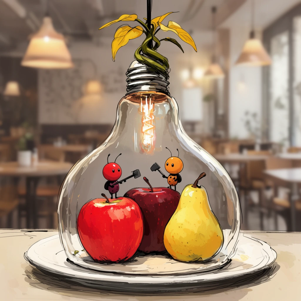 A clear glass cloche shaped like a lightbulb rests on a white plate, enclosing a bright red apple, a dark red apple, and a yellow pear. Two tiny bug-like characters with spherical red and orange heads stand on the fruit holding small black tools. The top of the glass transitions into a twisted plant stem with yellow leaves suspended from a black cord, containing an internal glowing filament. A softly blurred background reveals a warmly lit cafe interior with empty tables and pendant lamps, rendered in a stylized digital illustration featuring painterly textures and loose, sketchy ink outlines.