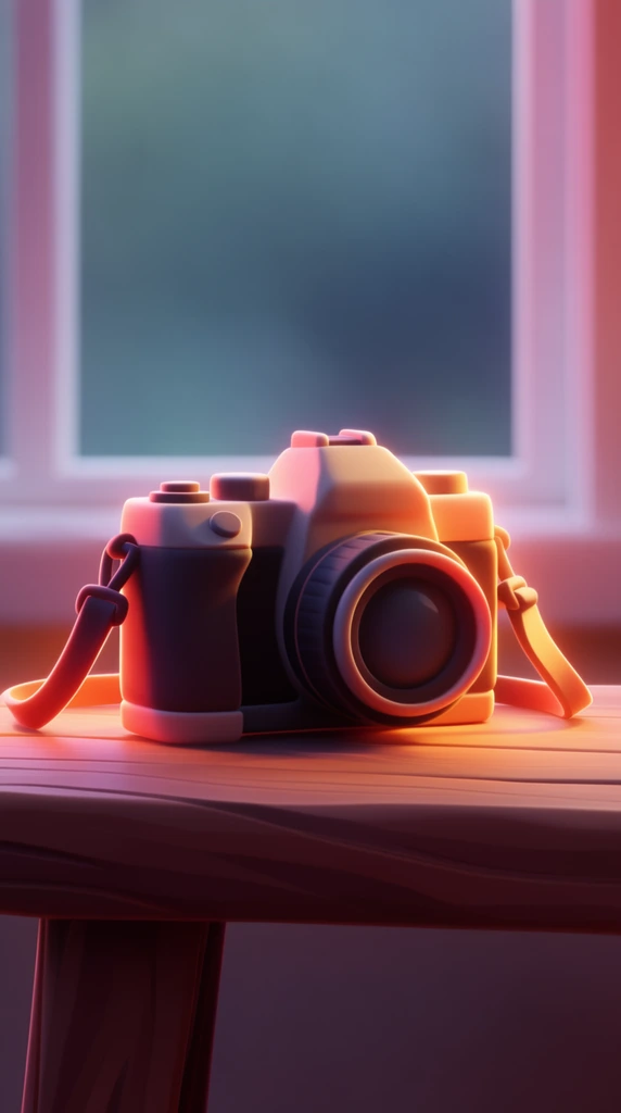 A stylized 3D rendered camera with an attached strap sits on a smooth wooden table in front of a window. The objects feature clean, slightly exaggerated proportions and matte, clay-like textures. Intense, warm orange and pink rim lighting illuminates one side of the camera and strap, creating a glowing subsurface scattering effect along the edges. Deep maroon and purple shadows stretch across the simplified wood grain of the table. The background window is rendered as a soft, out-of-focus gradient of cool teal and slate blue, providing a sharp color contrast to the vibrant foreground illumination.