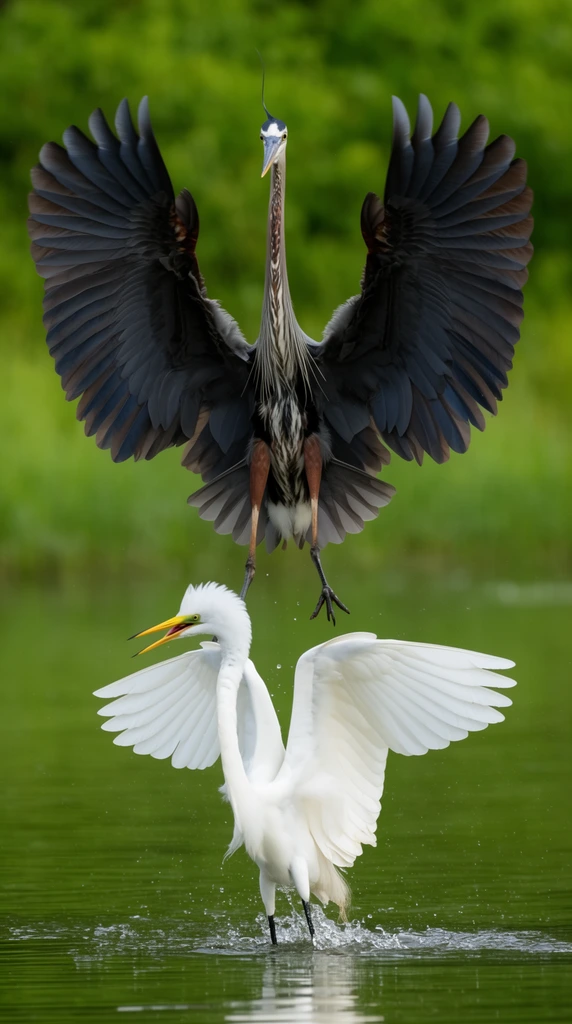 Great Blue Heron hovering mid-air with massive dark wings fully spread upwards, white Great Egret below in green water with wings outspread and yellow beak open defensively, splashing water, softly blurred green background, telephoto wildlife photography, fast shutter, sharp focus