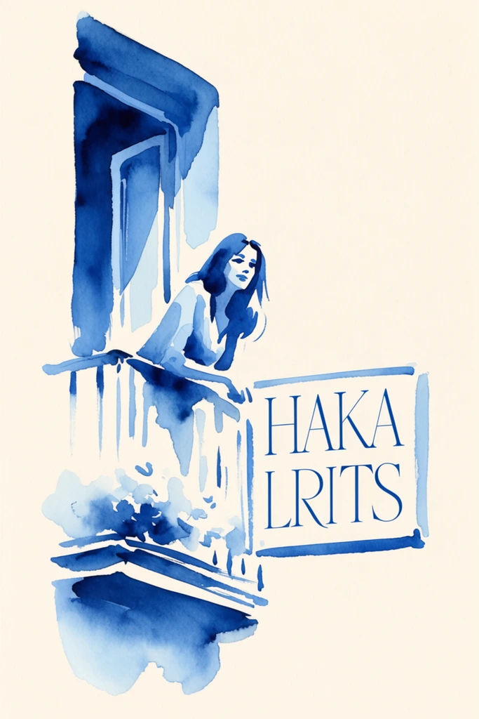 A monochromatic indigo watercolor painting on a warm cream paper background depicting a woman leaning out a window onto a balcony beside a sign bearing letters. The woman is rendered with fluid, varying shades of blue, from deep navy contours to pale cerulean washes, formed by expressive, loose brushstrokes. She leans through a window frame constructed with broad, wet-on-wet blue watercolor strokes that pool organically into darker edges. Directly below the window, the balcony is illustrated with minimalist blue brush marks and blooming watercolor textures. Adjacent to the balcony, a sign displays elegant, thin serif typography in a matching solid indigo blue. The surrounding environment consists entirely of the warm, off-white cream paper texture, using pristine space to define brilliant highlights and structural boundaries. The entire composition mimics a traditional ink wash aesthetic, characterized by the organic settling of pigment, soft feathered edges mixing with crisp brush marks, and a flat, two-dimensional illustrative perspective with highly visible watercolor paper grain.
