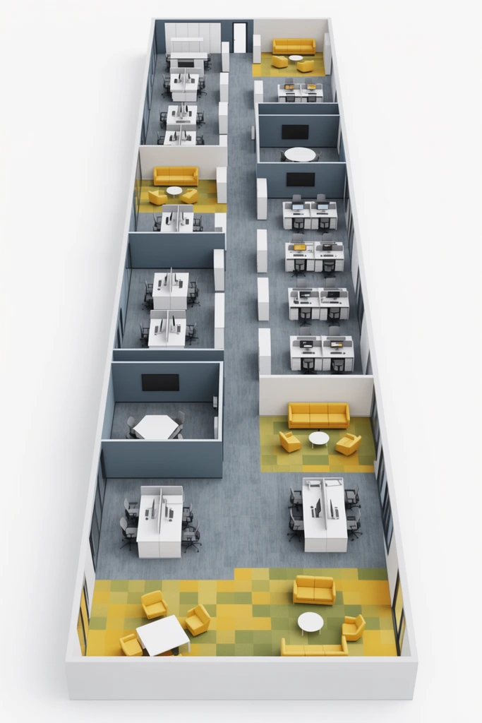 A high-angle 3D isometric rendering details an elongated office floor plan against a stark white background. The narrow layout features distinct zones of open workstations, enclosed meeting rooms, and collaborative lounges accented with vibrant yellow seating. A central corridor spans the length, connecting gray-carpeted areas with checkered yellow and green common spaces. The clean architectural visualization utilizes uniform lighting to highlight crisp geometric lines and a minimalist slate gray, white, and mustard yellow palette.