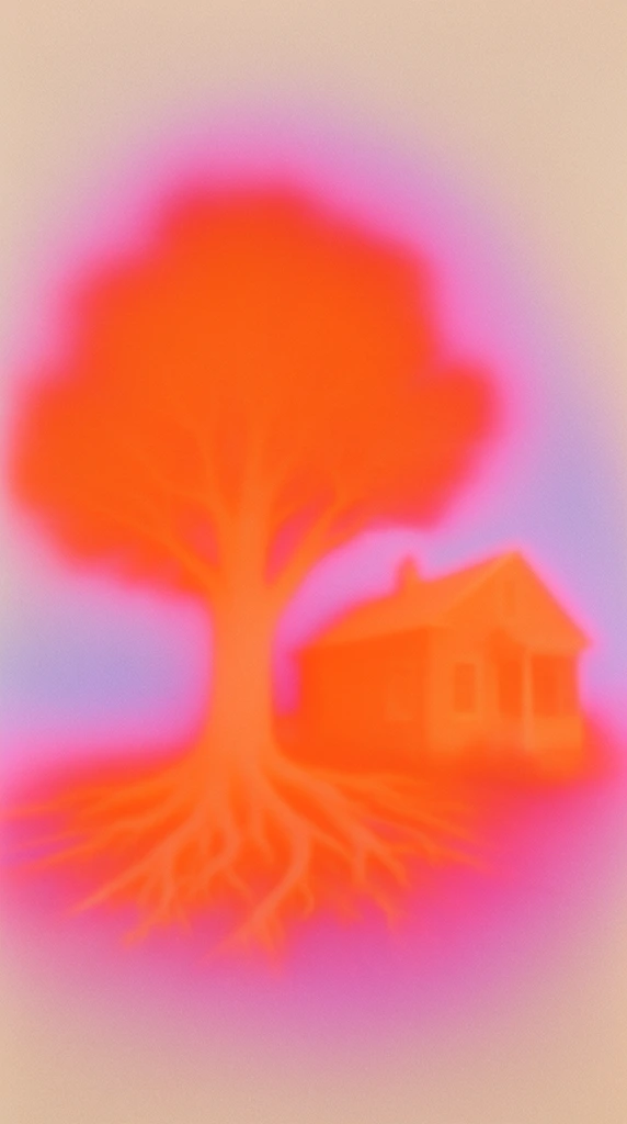 A large tree with exposed sprawling roots near a house rendered as a heavily blurred, abstract gradient field in the style of aura photography and thermal imaging. The massive tree and its radiating roots form a central, glowing mass of vibrant neon orange. Adjacent to the tree, the simplified structural form of a house appears as a secondary, luminous orange shape. These core subjects are enveloped in a radiant, diffused halo of bright magenta and soft lavender that blends outward seamlessly. The environment fades into a pale cream and warm beige background. The entire composition features extreme optical blur, characterized exclusively by soft, amorphous color transitions, glowing gradients, and a distinct, heavy overlay of textured analog film grain.