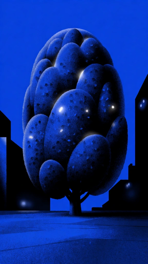 massive tree with oval-shaped foliage, minimalist city plaza, monochromatic deep blue color palette, heavy sand-like grain texture, stippled noise, ethereal glowing white highlights on the foliage, sharp dark silhouettes of surrounding urban architecture, high contrast lighting, retro-futurist noir aesthetic, textured surface, soft ambient glow, centered composition, low-fi digital art style, moody atmospheric depth, minimalist silhouette.