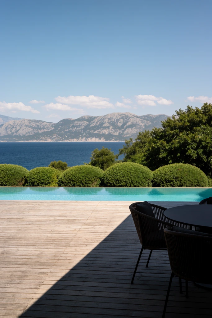 weathered wooden deck overlooking a deep blue sea and distant rugged mountains, black round table with dark woven wire chairs, striking diagonal shadow across the floorboards, bright turquoise infinity pool bordered by rounded green bushes and lush trees, clear blue sky with sparse white clouds, sunny daylight, architectural photography
