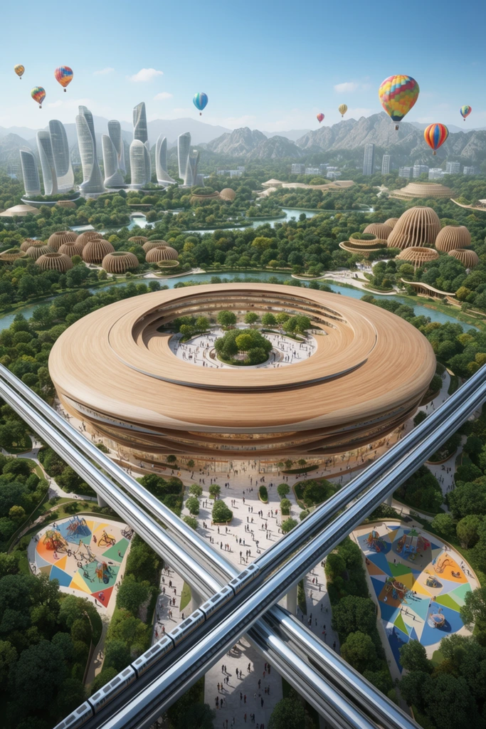 A high-angle photorealistic architectural rendering of a futuristic eco-city centered on a massive circular, multi-tiered hub with a flat wood-toned roof. Two sleek silver elevated railway tracks intersect diagonally in the foreground above bustling pedestrian walkways and colorful geometric playgrounds. The hub surrounds an open plaza with a central tree grove. Dense forest canopies, winding waterways, and fluted wooden pavilions encircle the main structure. A distant skyline of modern curved skyscrapers rises from the greenery, backed by rugged hazy mountains. The bright blue sky is dotted with vibrant multicolored hot air balloons in clear daylight.