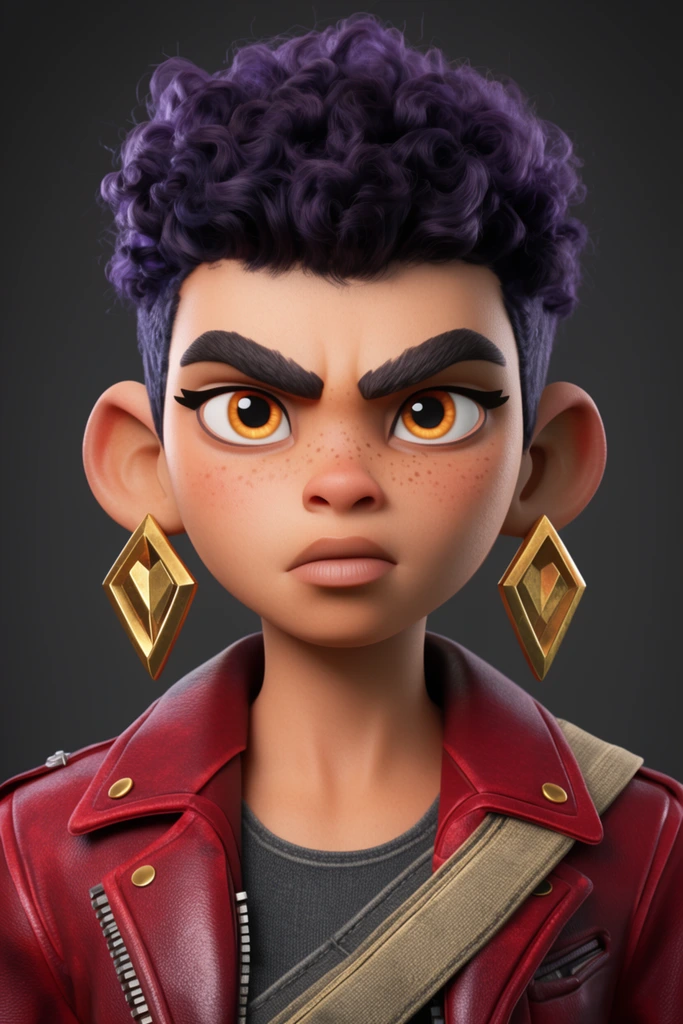A 3D stylized close-up portrait of a fierce young warrior with short dark purple curly hair and rounded human ears wearing large gold diamond-shaped earrings. The character features large expressive amber eyes, thick eyebrows, and light freckles across the nose. They wear a deep crimson red leather jacket over a charcoal gray undershirt with a diagonal canvas strap. The high-resolution render highlights realistic skin textures and fabric details under soft cinematic studio lighting against a solid dark gray background.