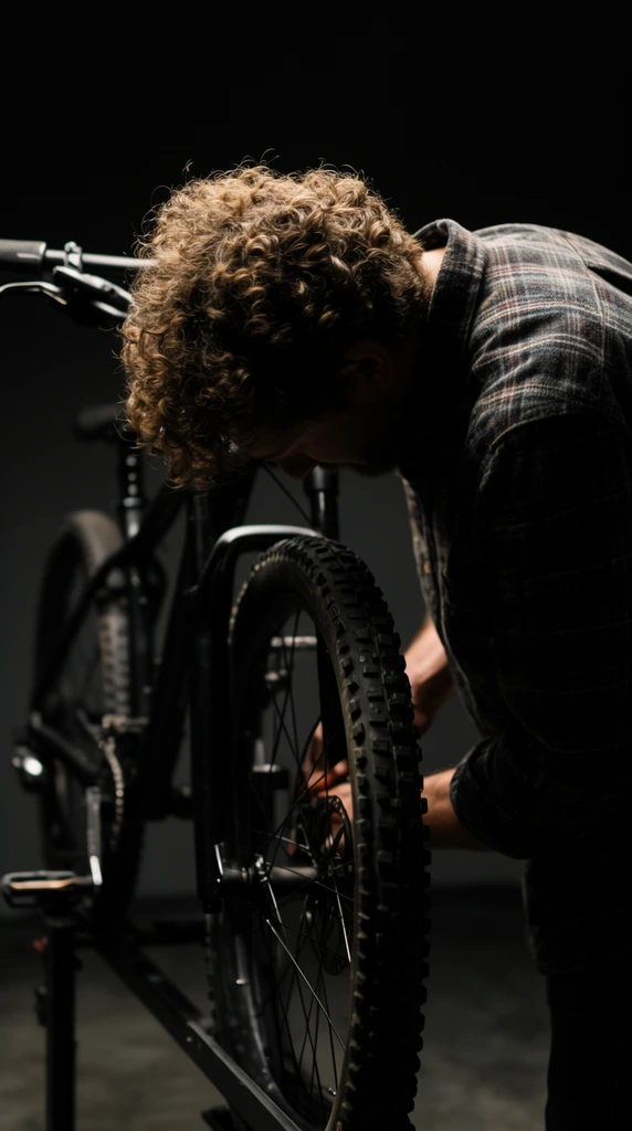 A curly-haired man in a dark plaid shirt bends forward to work on the front wheel of a black mountain bike elevated on a stand. High-contrast, low-key lighting casts a dramatic spotlight on his textured hair, shoulders, and the bike's frame, leaving his face obscured. The background is a solid dark void. A shallow depth of field isolates the man and front tire in sharp focus, while the handlebars and rear wheel fade into a soft blur. The moody, cinematic atmosphere emphasizes tactile woven fabric and metallic components against stark shadows.