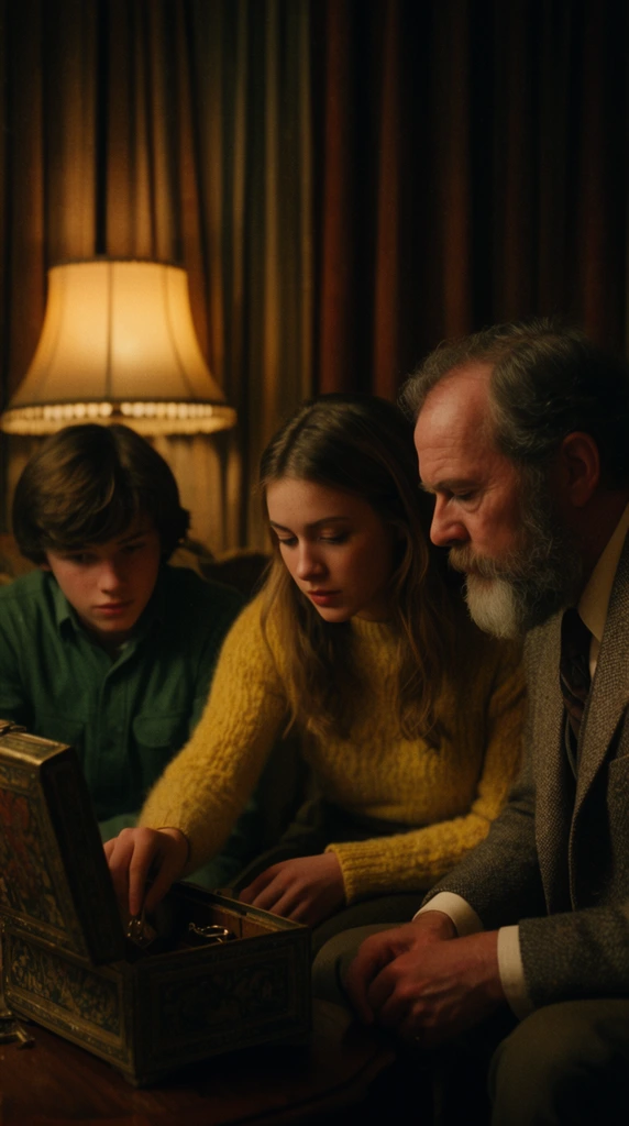 Three figures huddle around an open ornate lockbox in a dimly lit study. A young woman in a yellow knit sweater leans forward, reaching into the case. To the right, a bearded older man in a tweed jacket sits gazing downward, while a teenage boy in a green shirt watches closely from the left. Heavy curtains and a classic lampshade fill the shadowy background, casting rich amber tones across their faces. The image features soft film grain, shallow depth of field, and low-key cinematic lighting evocative of vintage 1970s mystery thrillers.