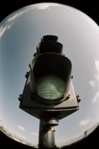 Dynamic Fisheye Urbanism style reference image — extreme low-angle perspective