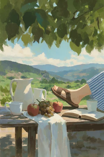 Luminous Pastoral Nostalgia style reference image — vibrant summer palette