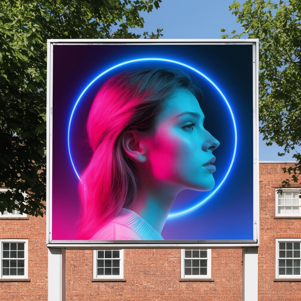 A large outdoor billboard features a profile portrait of a young woman illuminated by vivid neon pink and cyan lighting, with a glowing blue ring framing her head against a dark gradient background. The sign stands on white posts before a red brick building with white-framed windows, framed by green tree foliage and a clear blue sky.