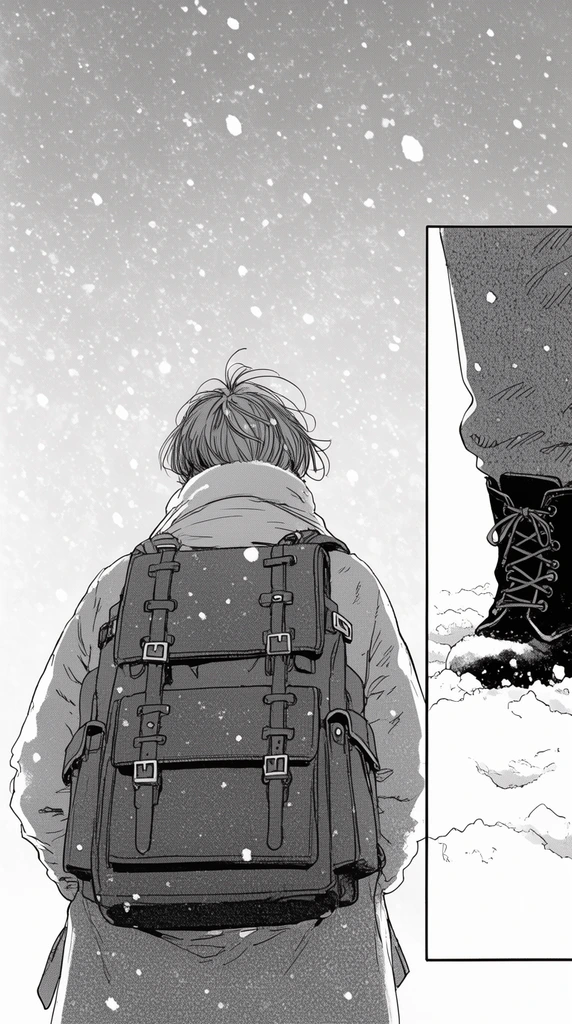 black and white manga illustration, person viewed from behind looking up into a vast snowy sky, wearing a heavy coat and a structured backpack, falling snowflakes, grayscale line art with textured screentone shading, right edge features a cropped inset panel showing a close-up of a laced boot stepping in deep snow, atmospheric winter setting
