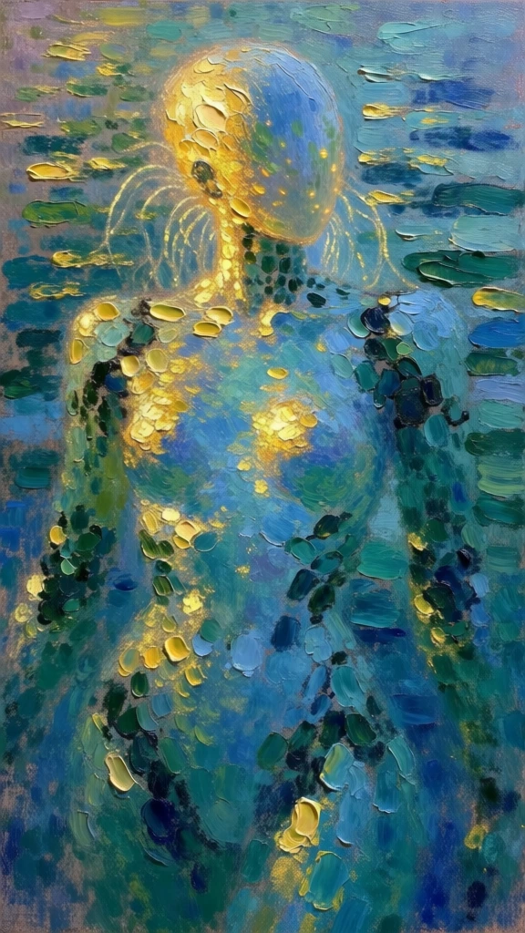 a robotic humanoid figure with glowing tendrils, heavy impasto impressionist oil painting, thick palette knife applications, luminous cadmium yellow and ochre highlights shimmering against deep cerulean and pthalo green shadows, rhythmic horizontal brushwork, tactile raised paint texture, expressive scumbled marks, chromatic vibration of teals and chartreuse, dappled sun-glint effect, ethereal glowing filaments, high-contrast painterly abstraction, vibrant tactile materiality.