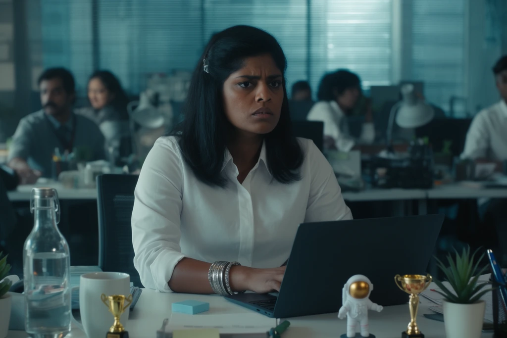 cinematic mid-shot of a South Asian woman with an intense expression in a bustling office, dark shoulder-length hair pinned on one side, crisp white button-down shirt, silver bangles, sitting at a white desk with an open dark laptop, desk cluttered with a glass water bottle, white mug, small gold trophy, potted succulent, tiny white astronaut figurine, blurred background of office workers at desks, window blinds, shallow depth of field, cool teal cinematic color grading, dramatic lighting