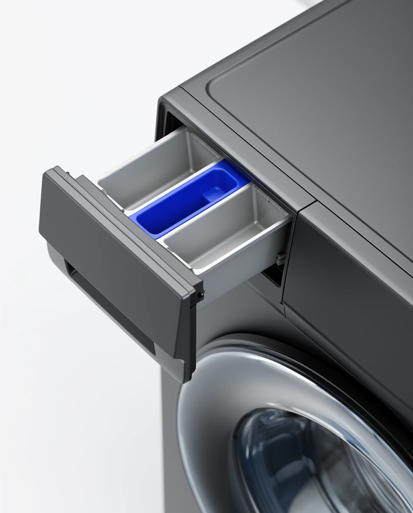 A high-angle, extreme close-up of a minimalist, dark charcoal-grey front-loading washing machine against a seamless white studio background. The top-left detergent dispenser drawer is partially extended, revealing a light silver-grey interior divided into three compartments, accented by a striking cobalt-blue plastic insert in the center. The appliance features a sleek, matte top panel with subtly rounded corners and precise panel gaps. Below the extended drawer, the glossy, convex glass door of the primary washing drum curves inward, reflecting soft, diffused overhead studio lighting. The composition emphasizes pristine industrial design, highlighting the contrast between the smooth matte exterior finish, the vibrant blue internal component, and the reflective curvature of the front door.