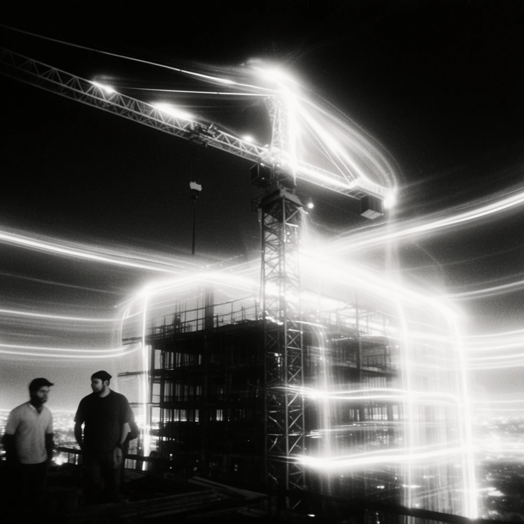 A towering crane rising above the skeletal framework of an unfinished building, illuminated by brilliant, sweeping streaks of long-exposure light trails in stark black-and-white. Two men stand on a shadowed platform in the lower left, while a second crane extends into the upper left against an inky, pitch-black sky. The scene is defined by extreme high contrast, where the profound, dark void of the night violently contrasts with intense, glowing bands of pure white light tracing the geometric lines and surrounding space of the construction site. Ethereal, blurred motion trails of bright luminescence wrap around the dark industrial structures, featuring heavy vintage film grain, glowing halation, and a surreal, dynamic, nocturnal long-exposure photographic aesthetic.
