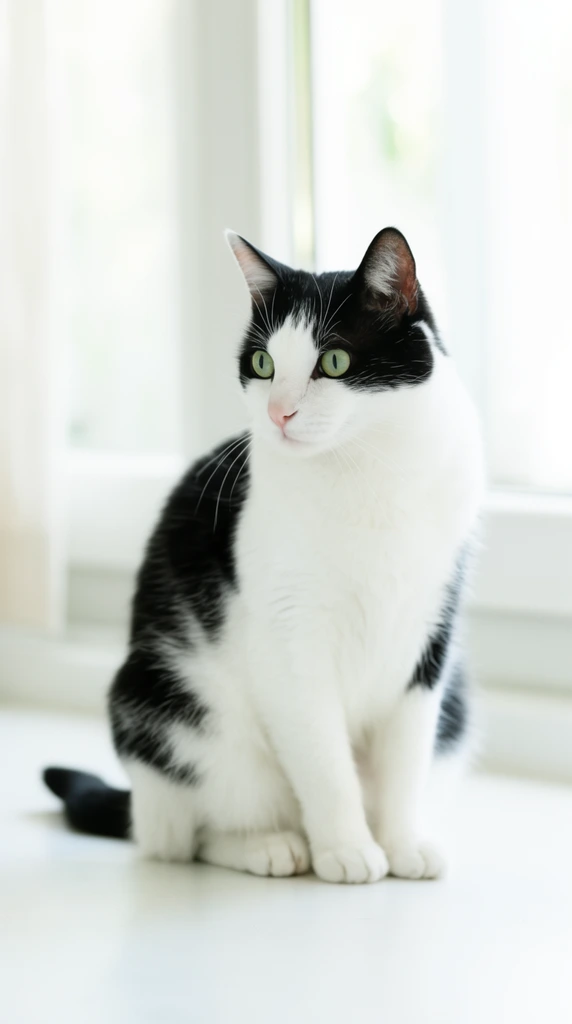 black and white piebald cat sitting, smooth white floor, looking left, bright green eyes, soft natural daylight, shallow depth of field, high-key photography