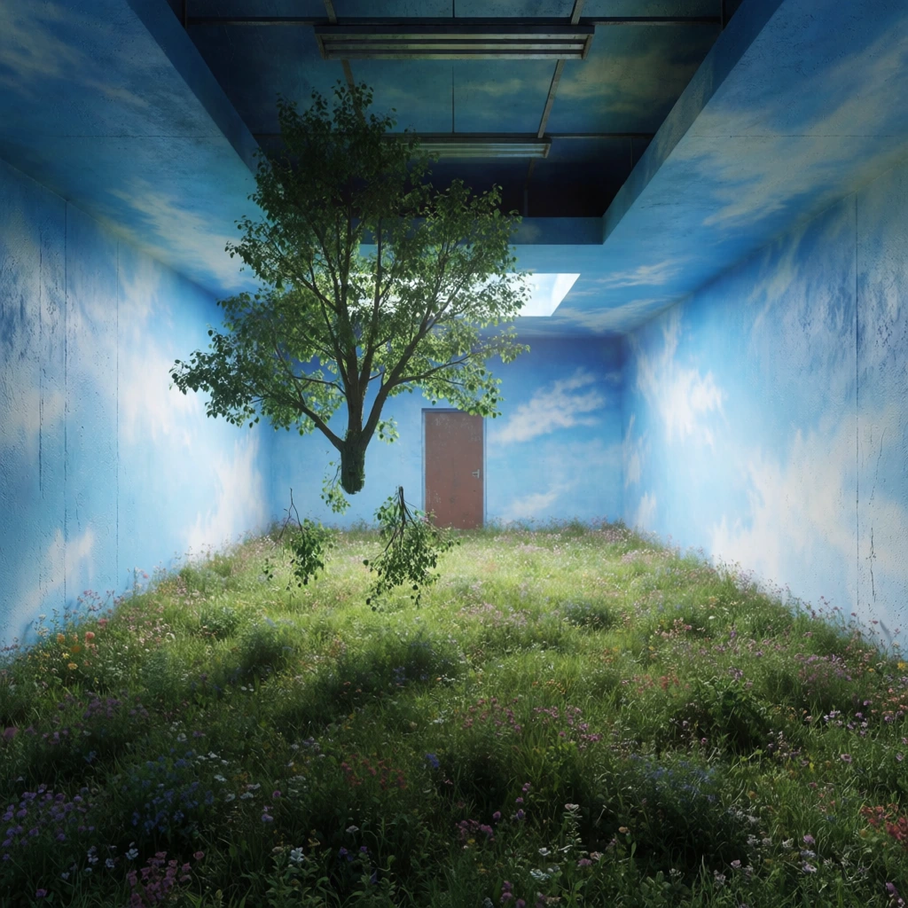 surreal liminal space studio, textured concrete walls painted as a bright blue sky with wispy clouds, industrial fluorescent light fixtures on a dark ceiling, floor covered in a lush indoor wildflower meadow, a central deciduous tree with vibrant green leaves suspended and floating in mid-air, a solitary brown door set into the back wall, hyper-realistic textures, uncanny valley aesthetic, soft cinematic lighting, minimalist surrealism, dreamlike atmosphere, high-detail cgi.