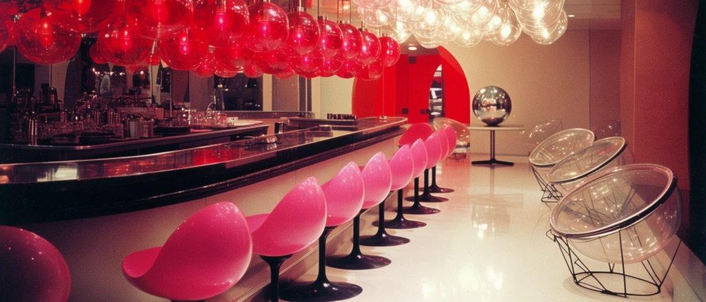 A retro-futuristic interior features a sleek curved counter lined with vivid pink egg-shaped stools under clusters of spherical pendant lights. The dark-surfaced bar extends into a room with high-gloss white floors reflecting intense, warm ambient lighting. A row of molded pink scoop-seat barstools on black pedestal bases flanks the counter, while low transparent hemispherical bubble seats on black wire frames sit to the right. Overhead, a massive canopy of translucent cherry-red spherical lamps hangs alongside a secondary cluster of clear spherical lights. The background includes a stark red architectural archway and a reflective silver sphere resting on a minimalist table. The wide-angle composition creates a strong vanishing point down the length of the bar, capturing a bold 1970s Space Age aesthetic bathed in neon pink and deep red hues, finished with a grainy vintage photographic texture.