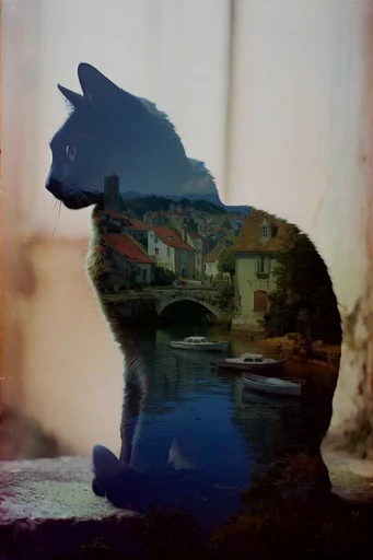Nostalgic Surrealist Double-Exposure style reference image — translucent layering