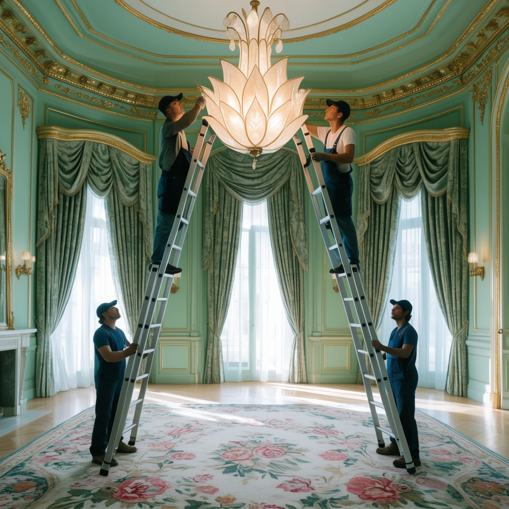 Two workers on tall silver ladders clean a glowing lotus-shaped chandelier in a symmetrical palatial room. Below, two assistants steady the ladders on a large floral rug. The opulent space features mint-green walls, gold molding, and tall draped windows admitting bright natural light.