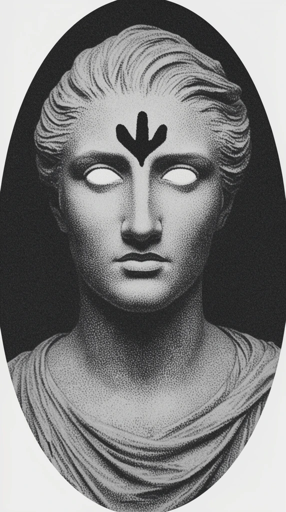 Oval-framed monochromatic stippled portrait of a classical bust, blank pupil-less white eyes, dark three-pronged shape on the forehead, sculpted swept-back hair, draped fabric neckline, heavy film grain texture, pointillism shading technique, high contrast lighting against a solid dark background, surreal atmospheric etching style