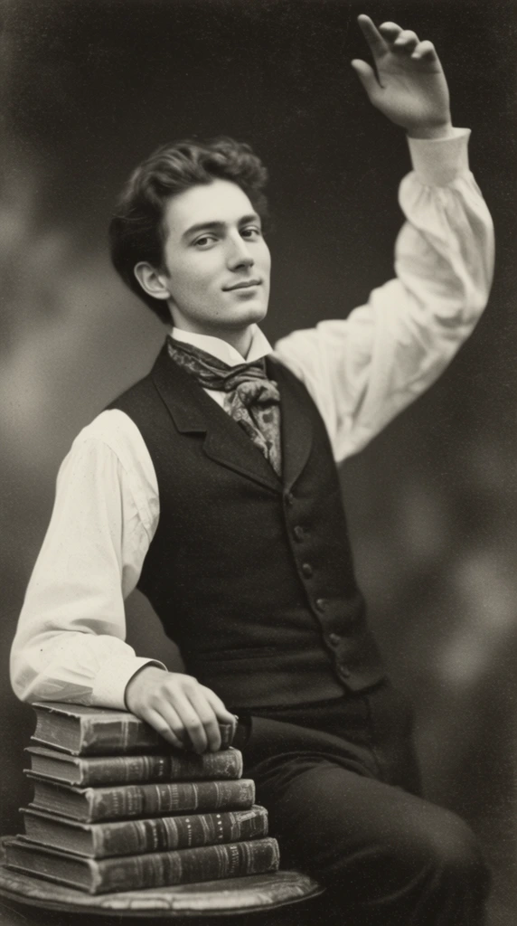 vintage black and white portrait of a young man, wearing a formal Victorian vest and cravat, left arm raised gracefully in the air, right hand resting on a stack of leather-bound antique books, soft studio lighting, grainy silver gelatin print texture, historical photograph aesthetic, dark blurred background, soft focus portraiture, subtle warm expression