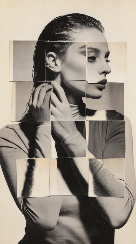 A vintage black and white photomontage featuring a woman in profile with slicked, wet-looking hair, an ear cuff, and a high-necked top, her hands raised closely to her neck. The portrait is heavily stylized through a central geometric grid of square photographic cutouts overlaying her face and upper body. These square tiles contain fragmented, slightly misaligned segments of her form, exhibiting varying levels of exposure, halftone print patterns, and high-contrast tonal shifts that create a tactile collage effect. The image possesses a warm, creamy monochrome palette with prominent analog film grain and a matte, vintage newsprint texture. Sharp, directional studio lighting casts sculpted shadows across her features and hands, highlighting the edges of the cut paper segments. The figure is set against a plain, off-white, textured paper background with a subtle, diffuse lighting gradient, emphasizing the stark edges of the square photographic tiles.